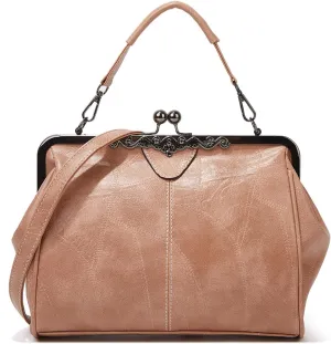 Vintage PU Leather Handbags for Women Stylish Kiss Lock Clutch Satchel Tote Purse Ladies Party Crossbody Shoulder Bags
