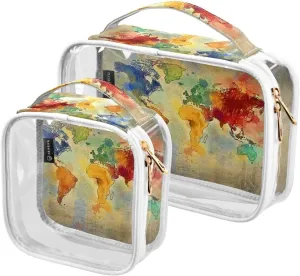 Vintage World Map 2 Pieces Clear Makeup Cosmetic Bags for Traveling Vacation Organizing, Toiletry Bags for Women Men, PVC Waterproof Travel Organizer