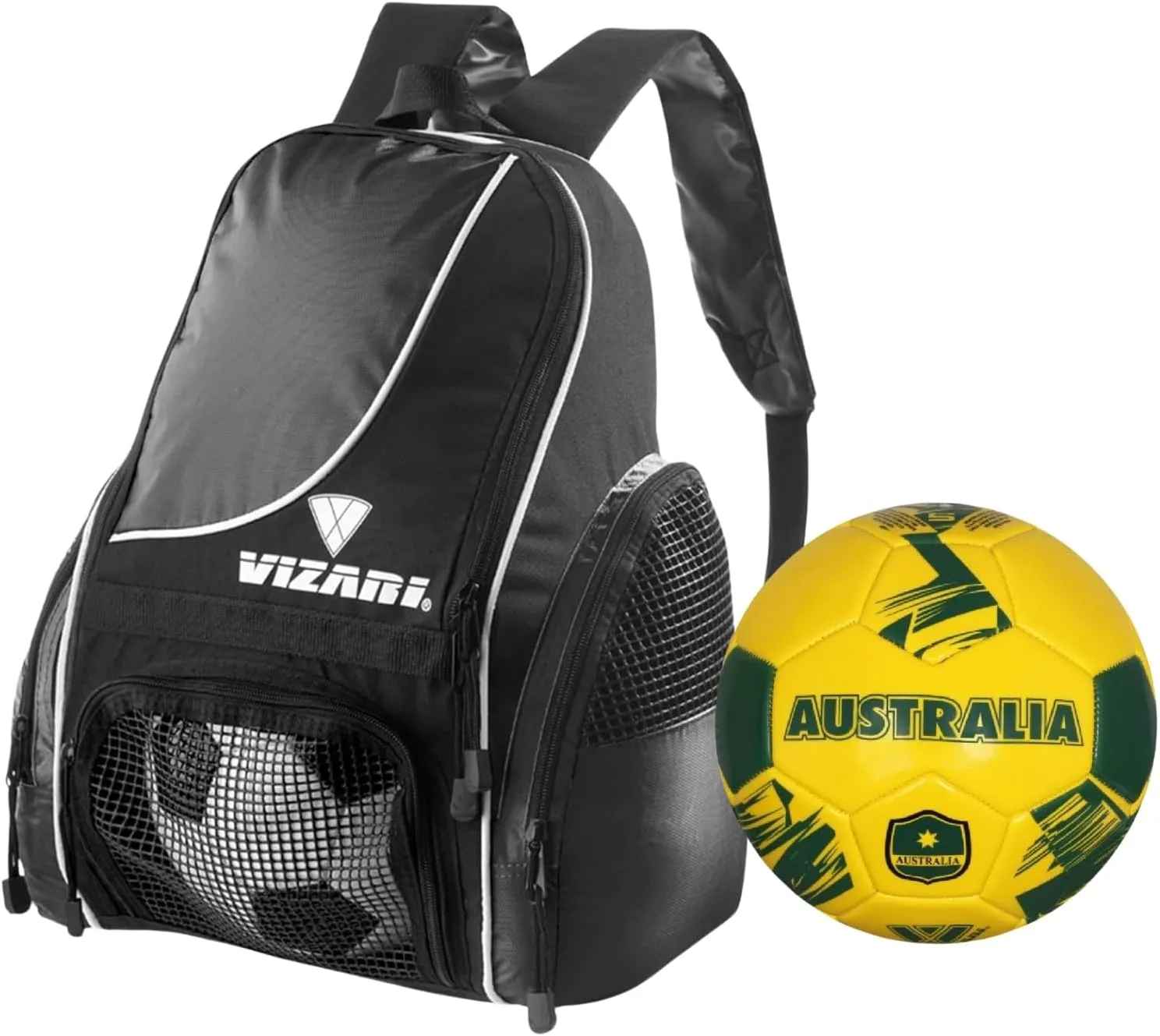 Vizari Solano Multi-Sport Backpack (Black) with National Team Soccer Ball Combo | Versatile Sports Backpack with Durable Faux Leather & Rubber Country Ball (Australia, Size 4)