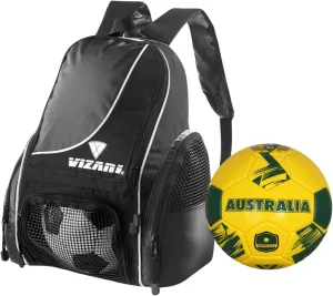 Vizari Solano Multi-Sport Backpack (Black) with National Team Soccer Ball Combo | Versatile Sports Backpack with Durable Faux Leather & Rubber Country Ball (Australia, Size 4)