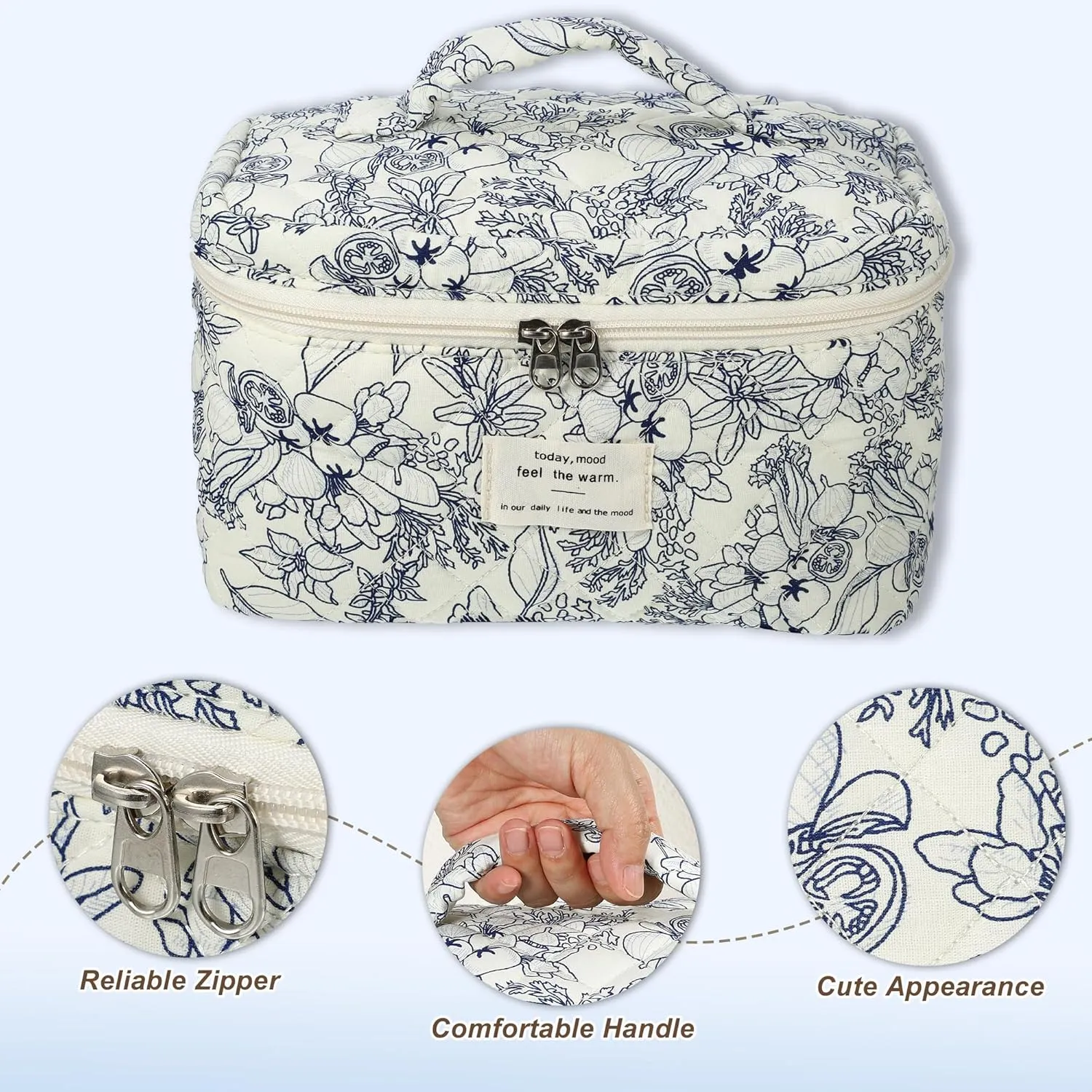 VOCOSTE 2pcs Quilted Makeup Bag, Large Capacity Cosmetic Bag, Deep Blue Flower Makeup Bag, Cute Makeup Bag, Travel Cosmetic Bags for Women Girls, White