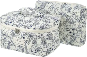 VOCOSTE 2pcs Quilted Makeup Bag, Large Capacity Cosmetic Bag, Deep Blue Flower Makeup Bag, Cute Makeup Bag, Travel Cosmetic Bags for Women Girls, White