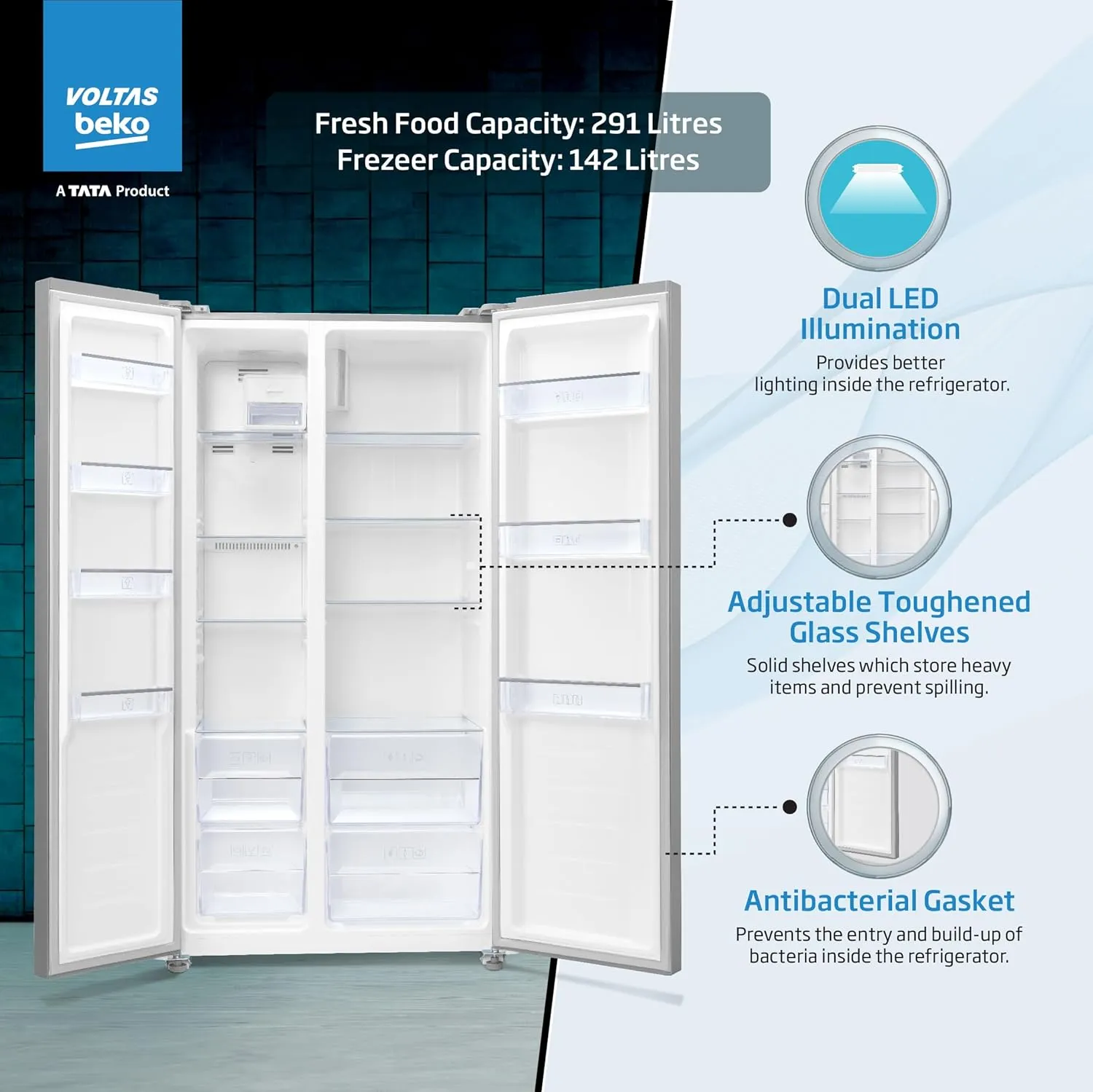Voltas Beko RSB495XPE 472L Side by Side Refrigerator (Inox Look)