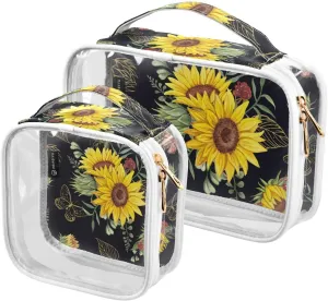 Watercolor Pattern with Sunflower Bouquets 2 Pieces Clear Makeup Cosmetic Bags for Traveling Vacation Organizing, Toiletry Bags for Women Men, PVC Waterproof Travel Organizer
