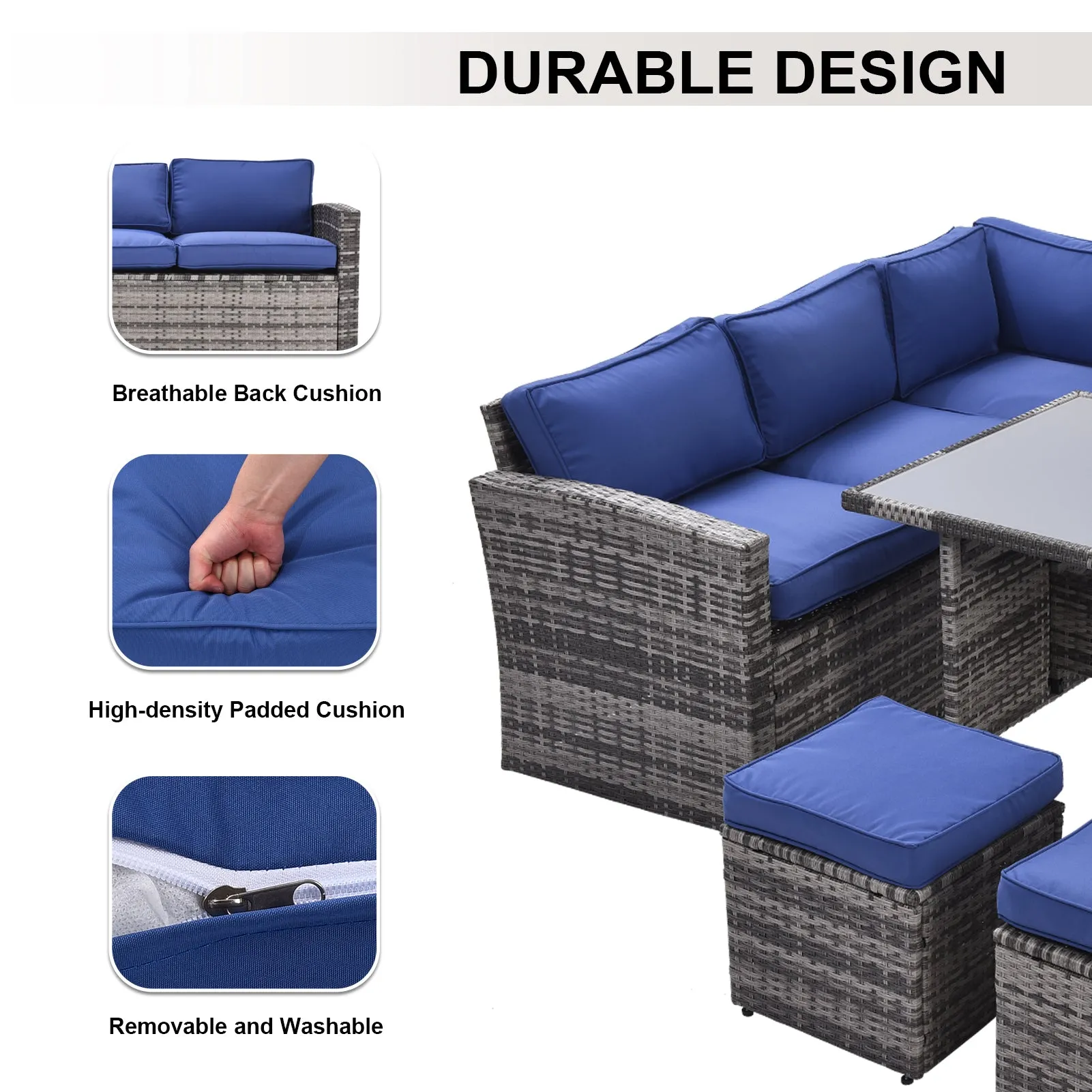 Whaley 7 Pc Outdoor Patio Rattan Sectional Sofa Set - Blue