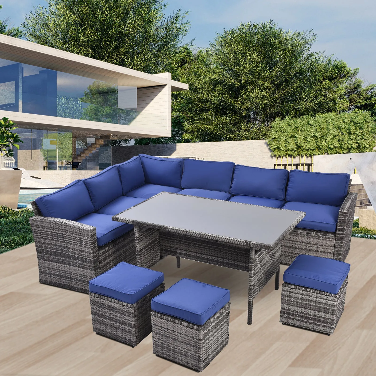 Whaley 7 Pc Outdoor Patio Rattan Sectional Sofa Set - Blue