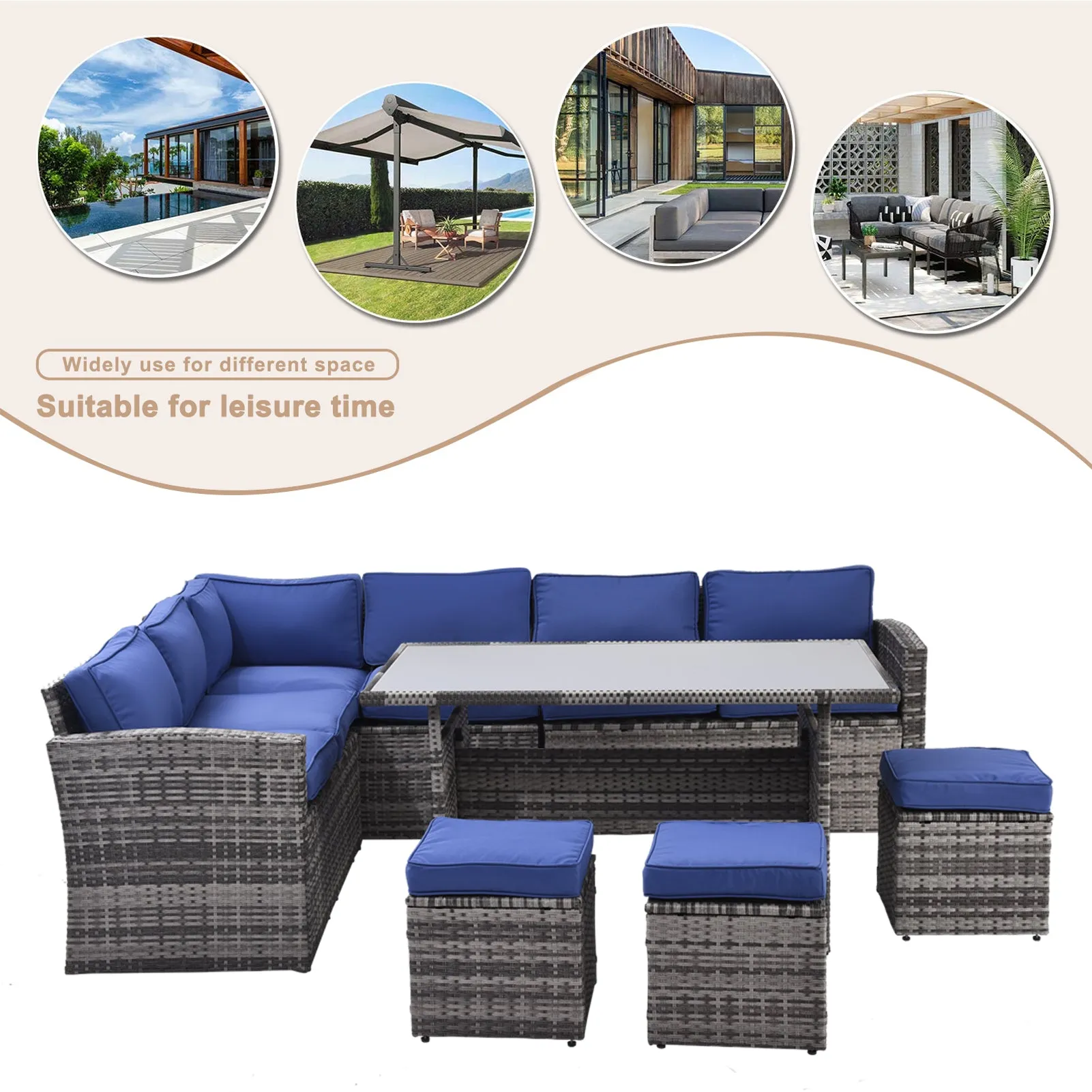 Whaley 7 Pc Outdoor Patio Rattan Sectional Sofa Set - Blue