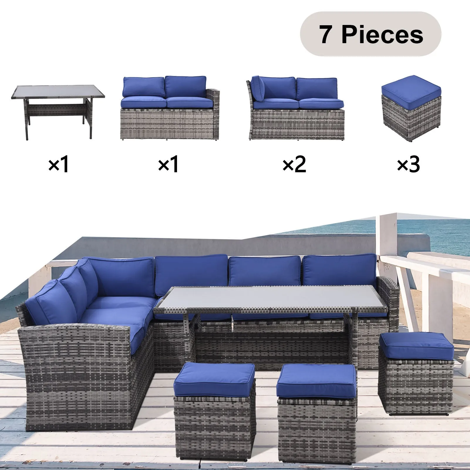 Whaley 7 Pc Outdoor Patio Rattan Sectional Sofa Set - Blue