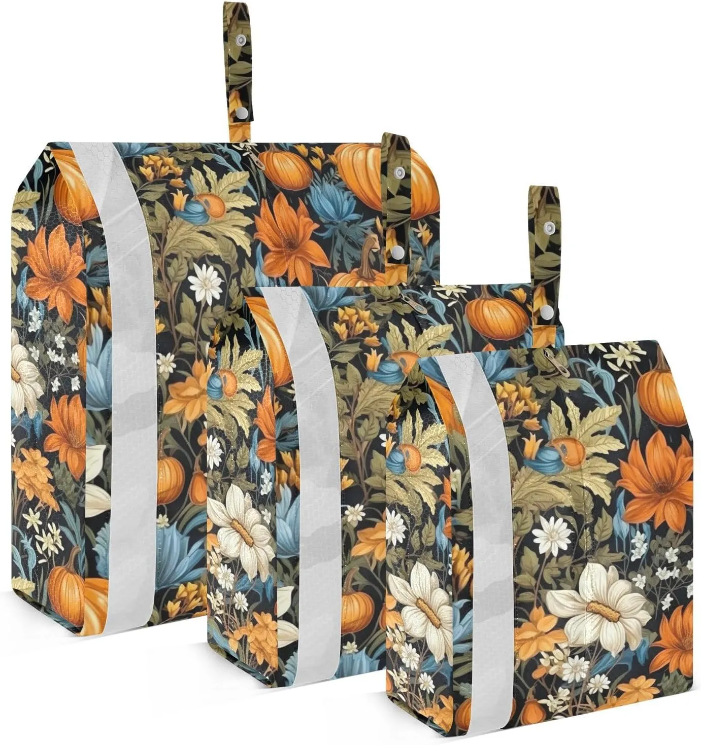 White Flowers Pumpkins Autumn Packing Cubes for Travel 3 Set Compression Travel Bags Suitcase Organizer Bags Set for Travel