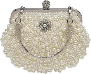 Women Beaded Pearl Handbags Clutch, White Purses Crystal Evening Bag Wedding Clutch with Metal Top-Handle and Chain (Color : Beige)
