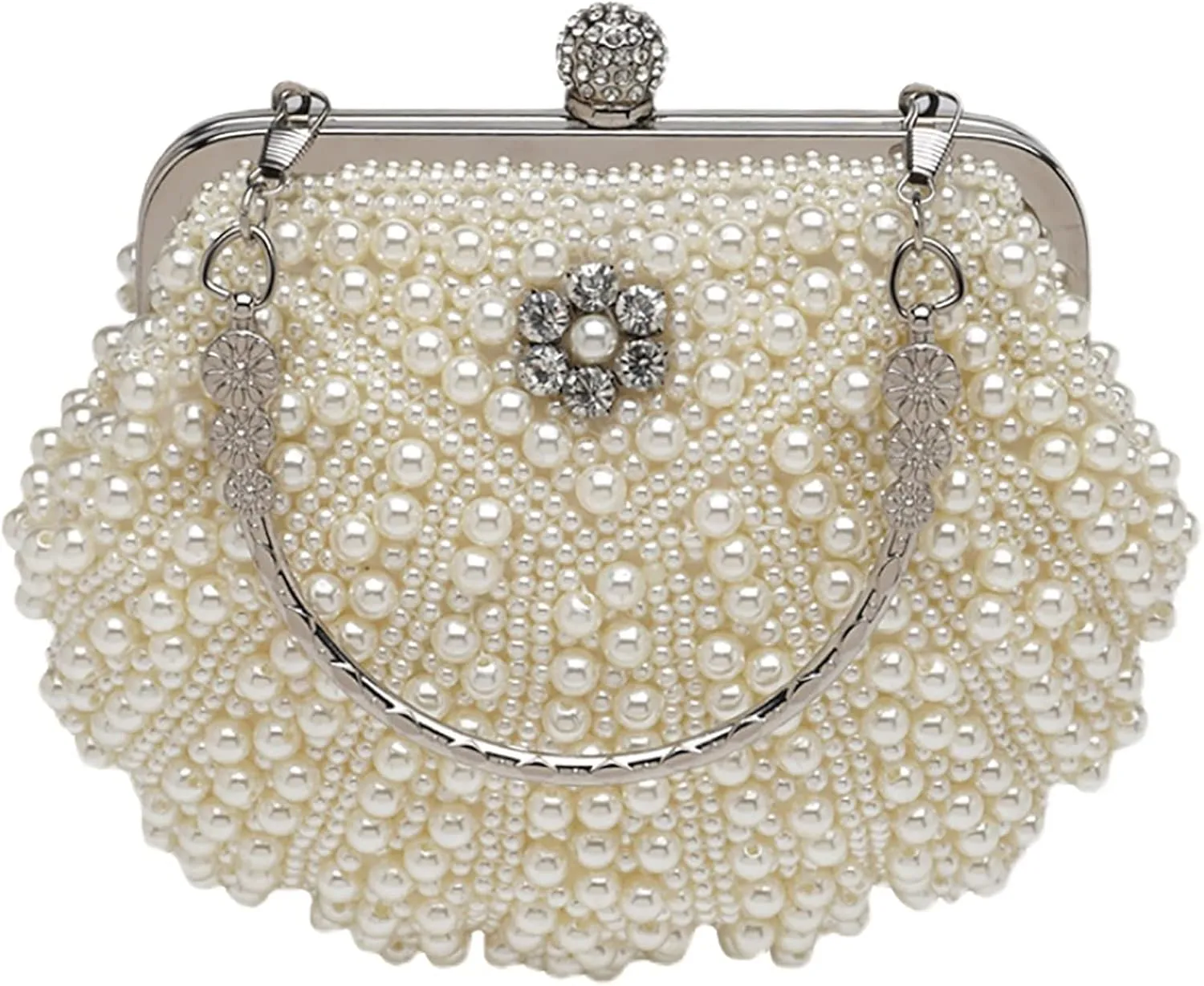 Women Beaded Pearl Handbags Clutch, White Purses Crystal Evening Bag Wedding Clutch with Metal Top-Handle and Chain (Color : Beige)