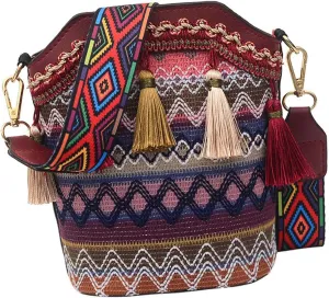 Women Embroidery Shoulder Bag Hippie Crossbody Bags Lightweight Multifunctional Purse Chic Bucket Bag for Weekend Dating Travel Shopping, Red