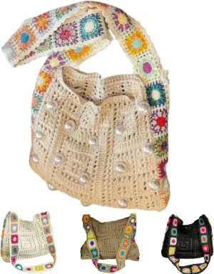 Women's Boho Embroidery Crossbody Bag Hollow Out Crochet Knit Shoulder Bag Knited Bag Handbag Summer Beach Tote