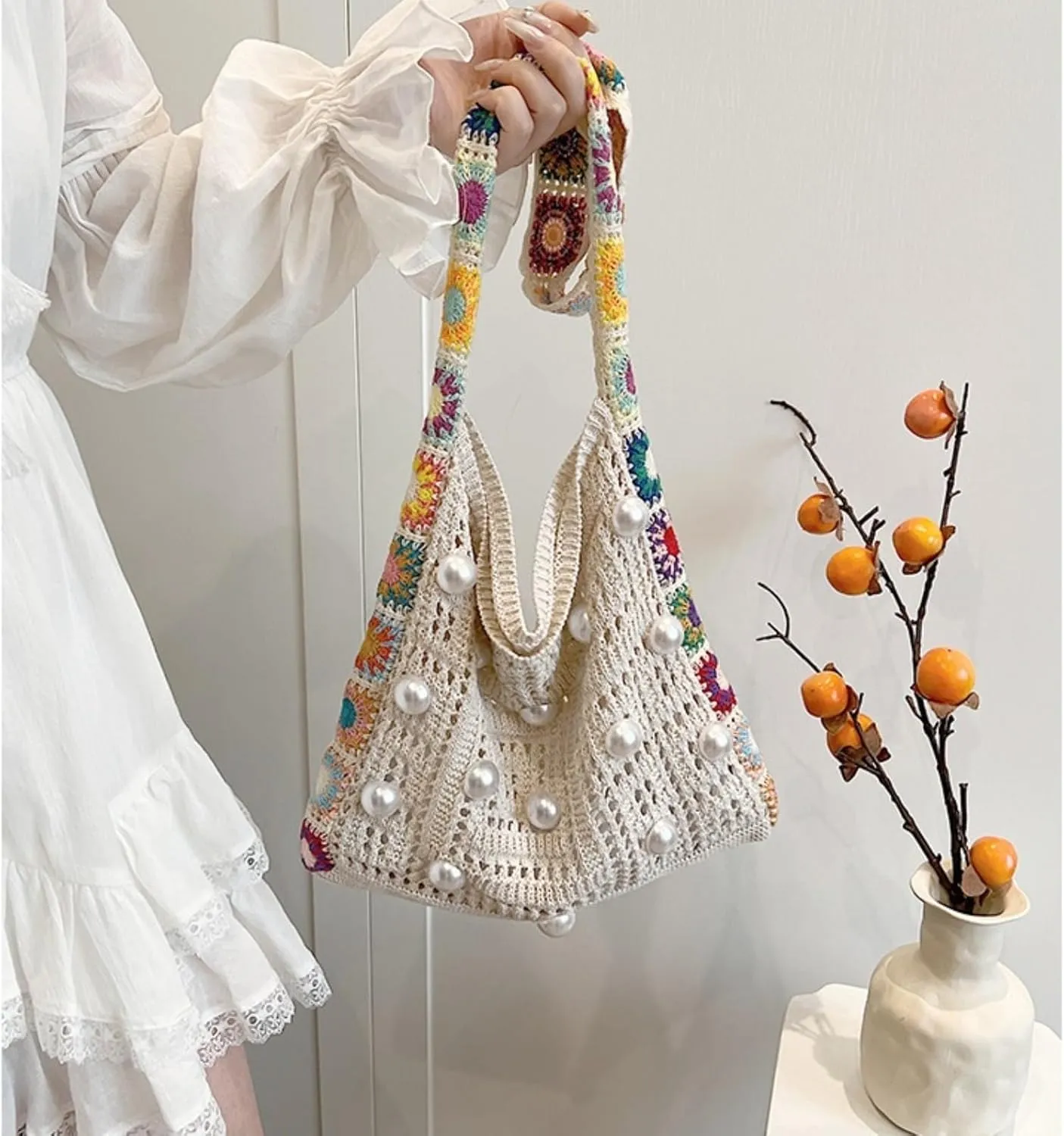 Women's Boho Embroidery Crossbody Bag Hollow Out Crochet Knit Shoulder Bag Knited Bag Handbag Summer Beach Tote