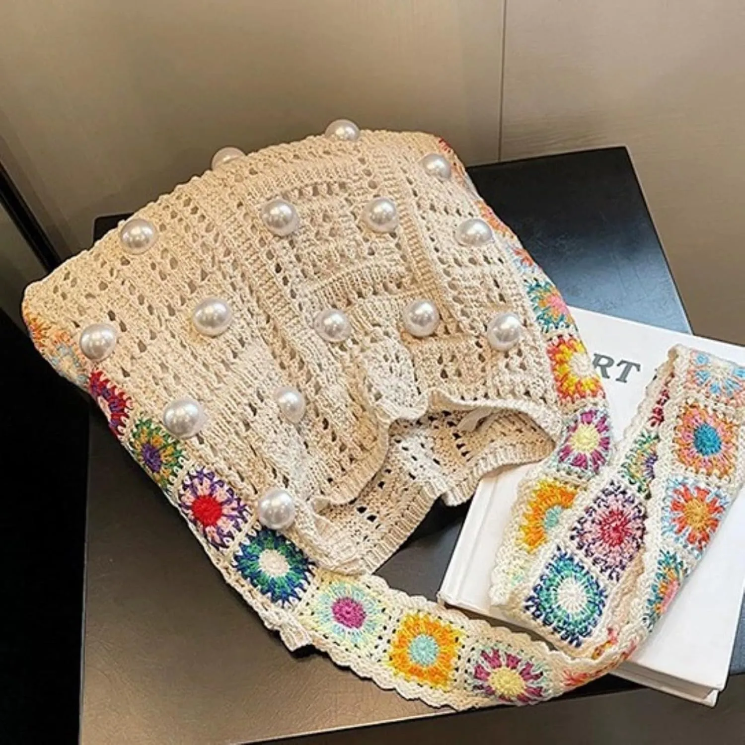 Women's Boho Embroidery Crossbody Bag Hollow Out Crochet Knit Shoulder Bag Knited Bag Handbag Summer Beach Tote