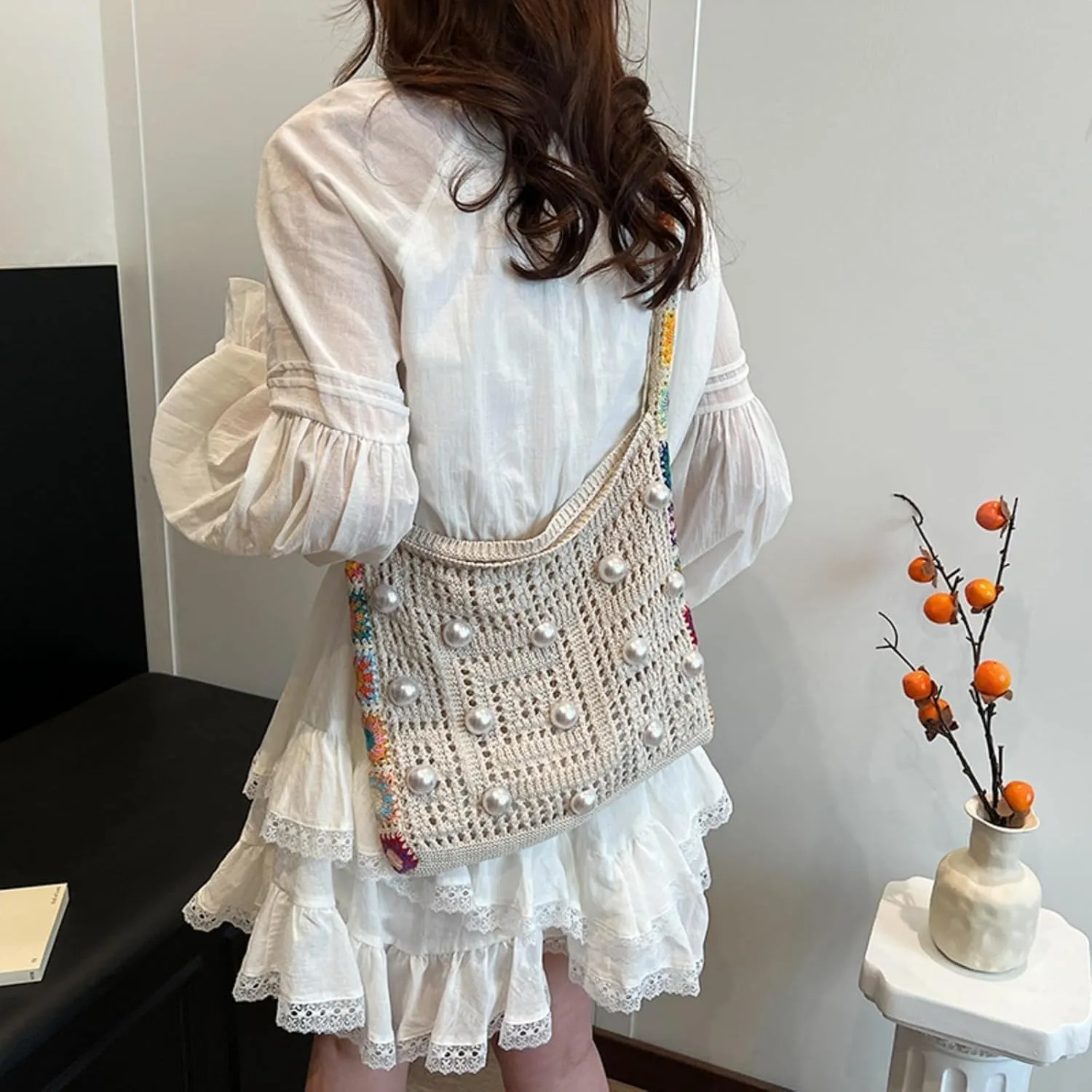 Women's Boho Embroidery Crossbody Bag Hollow Out Crochet Knit Shoulder Bag Knited Bag Handbag Summer Beach Tote