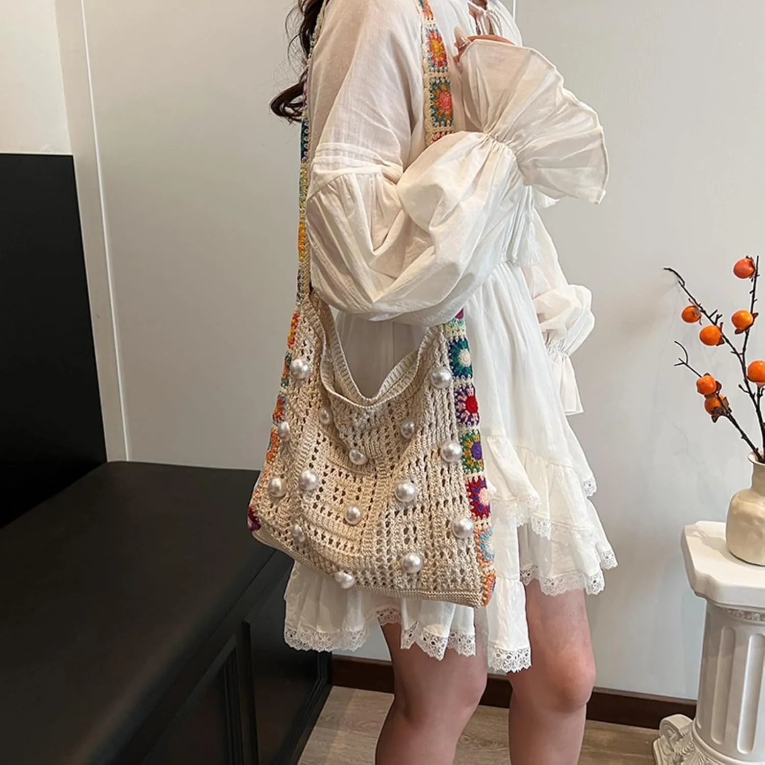 Women's Boho Embroidery Crossbody Bag Hollow Out Crochet Knit Shoulder Bag Knited Bag Handbag Summer Beach Tote