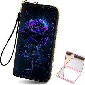 Women's Card Holder Wristlet Wallet, Convenient Travel Long Wallet with Strap and Pink Compact Mirror, Fashion and Sturdy Wristlet Long Purse for Women, Purple Dark Rose