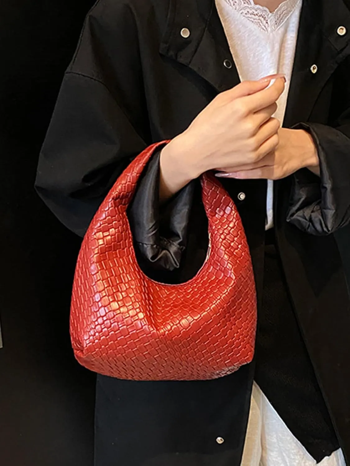 Women's Clutch Underarm Purses Woven Pattern PU Leather Hobo Crescent Handbag Bags