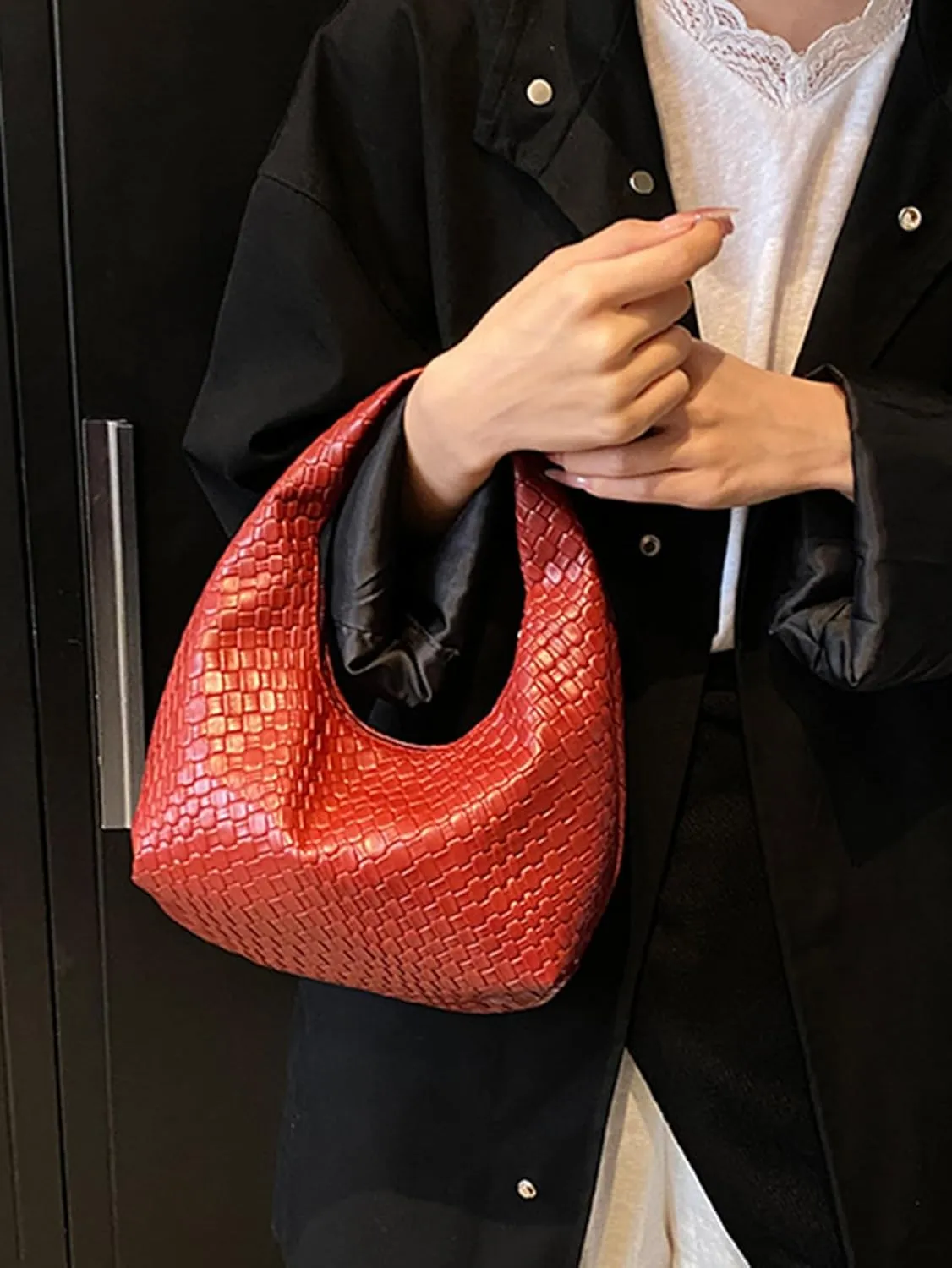 Women's Clutch Underarm Purses Woven Pattern PU Leather Hobo Crescent Handbag Bags