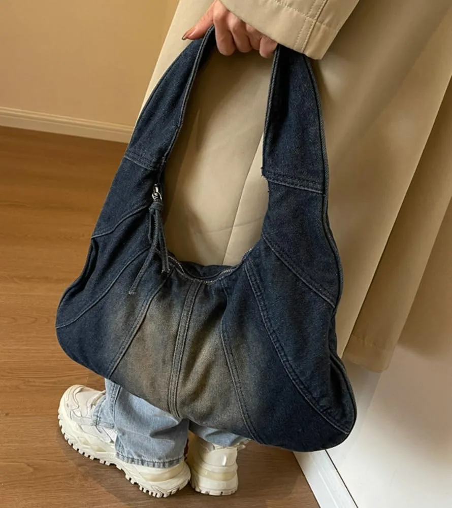 Womens Denim Canvas Shoulder Bags Trendy Hobo Tote Bag Slouchy Top Handle Handbag Purse