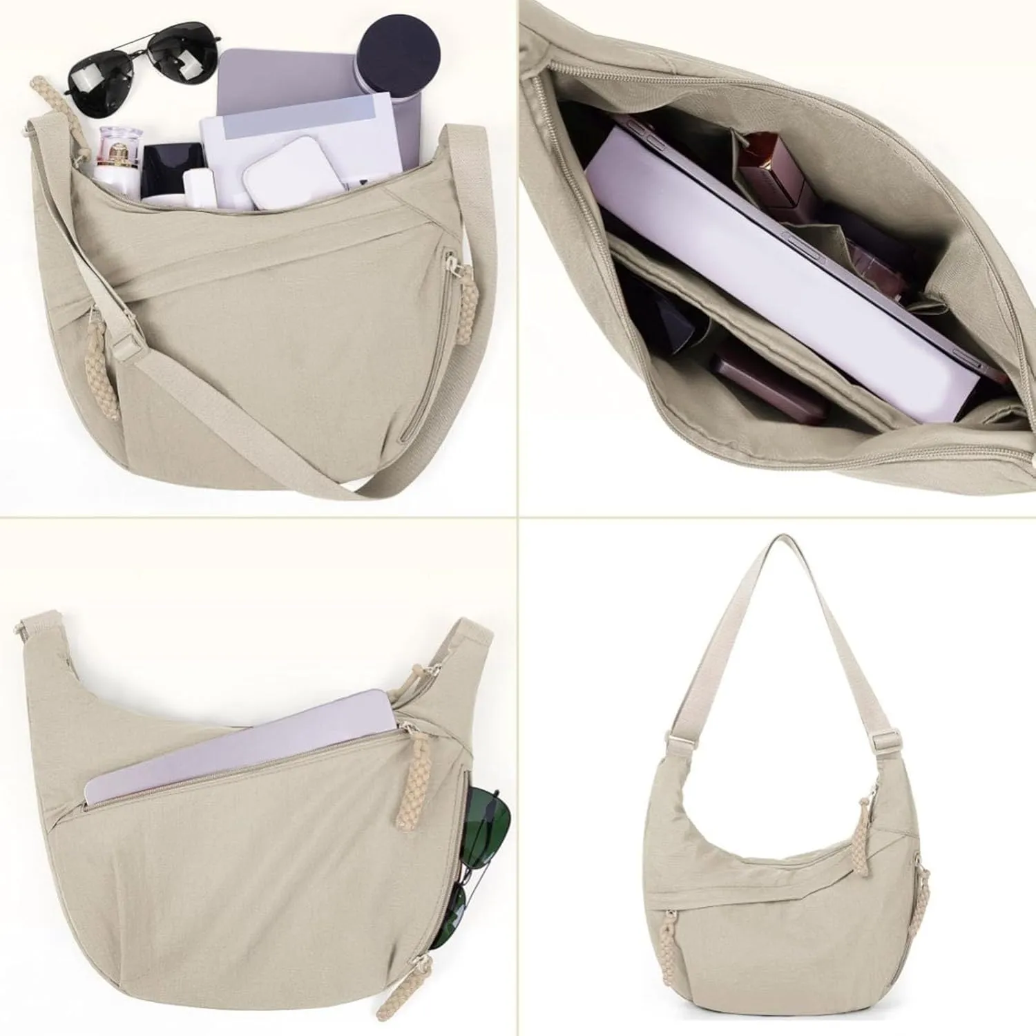 Women's Fashion Plain Color Nylon Crossbody HoboBag, Multilp-pocket Sling CrescentBag, Large Crossbody Bags for