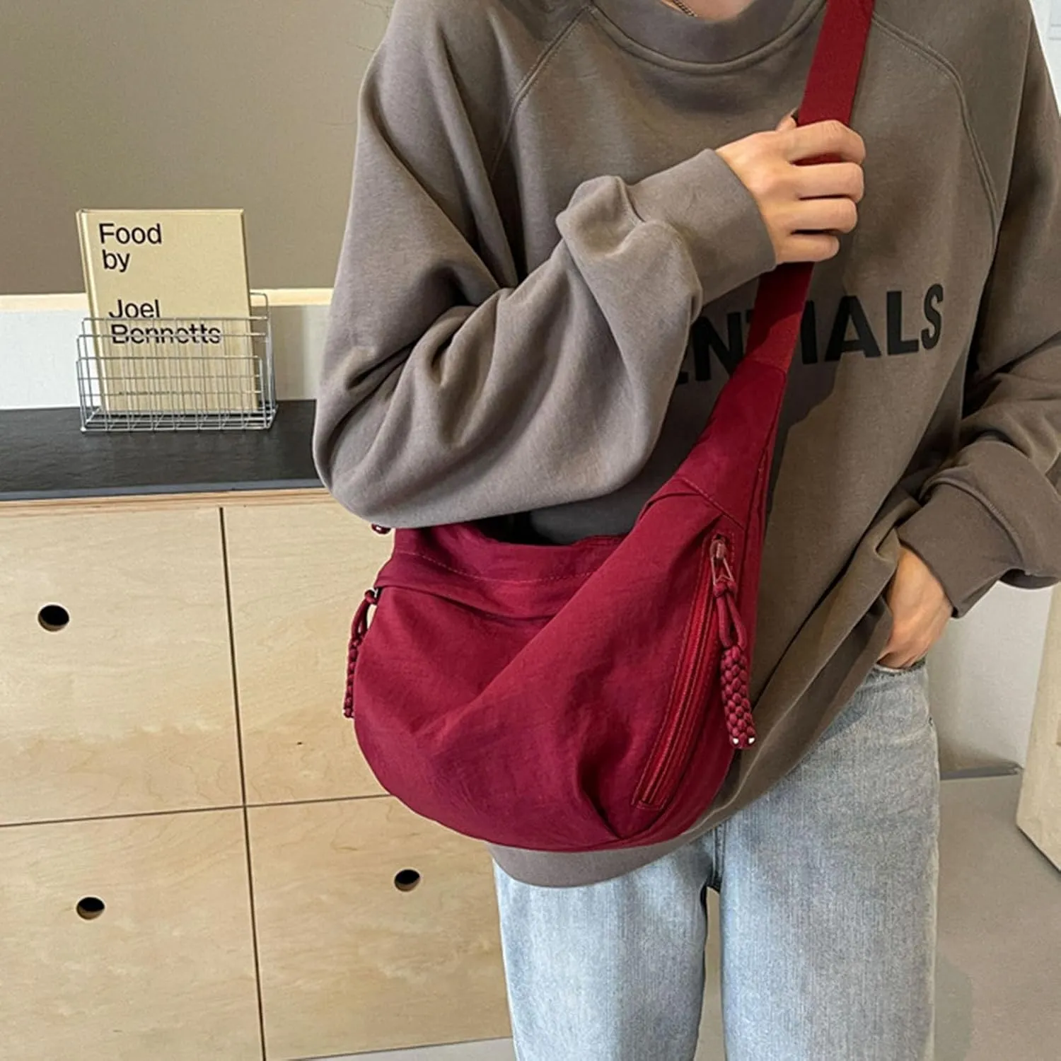 Women's Fashion Plain Color Nylon Crossbody HoboBag, Multilp-pocket Sling CrescentBag, Large Crossbody Bags for