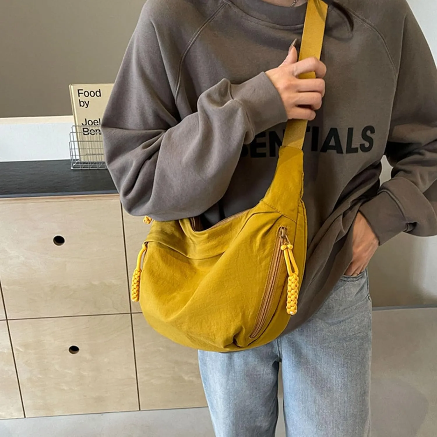 Women's Fashion Plain Color Nylon Crossbody HoboBag, Multilp-pocket Sling CrescentBag, Large Crossbody Bags for