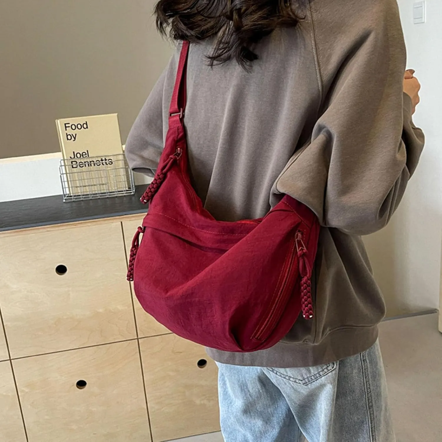 Women's Fashion Plain Color Nylon Crossbody HoboBag, Multilp-pocket Sling CrescentBag, Large Crossbody Bags for