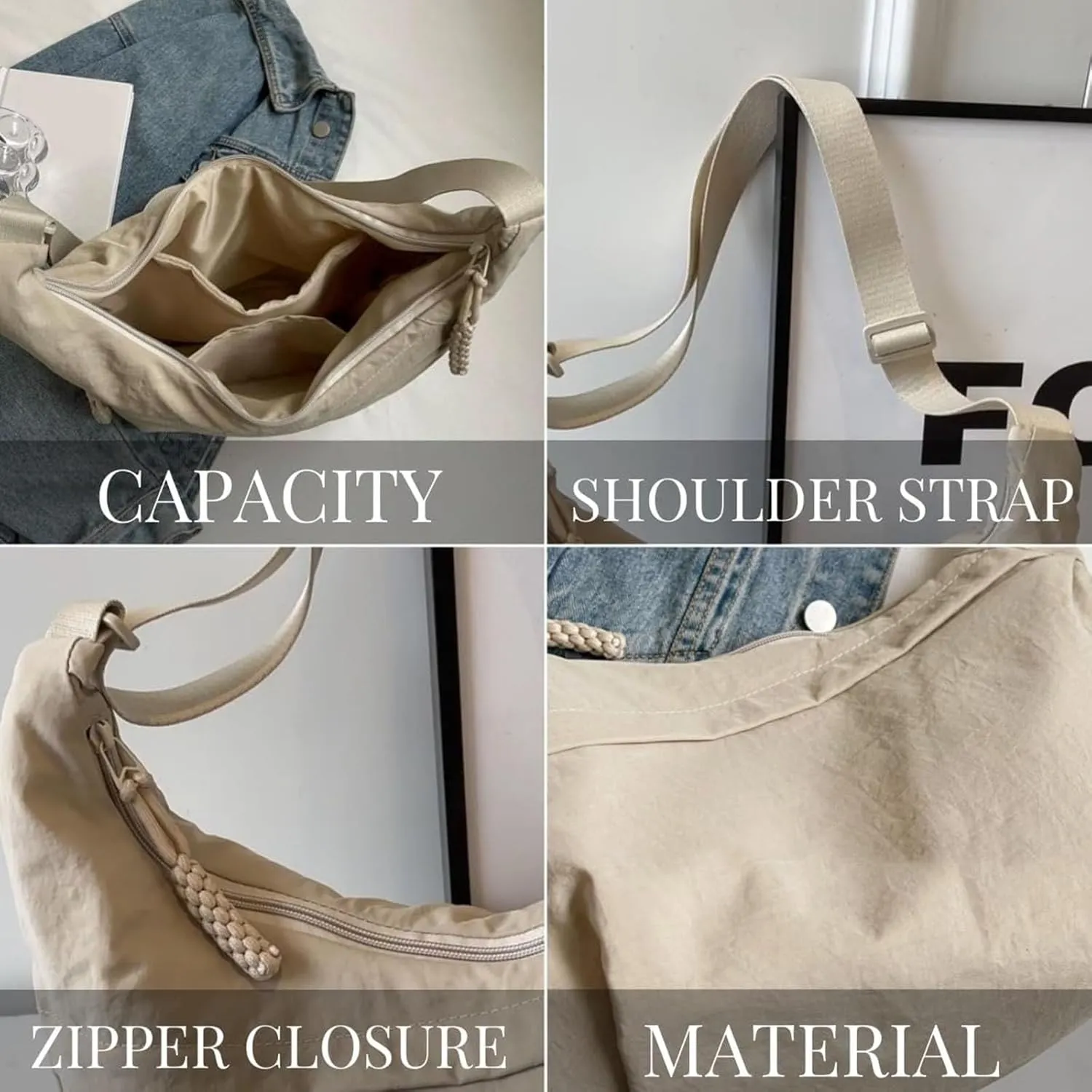 Women's Fashion Plain Color Nylon Crossbody HoboBag, Multilp-pocket Sling CrescentBag, Large Crossbody Bags for