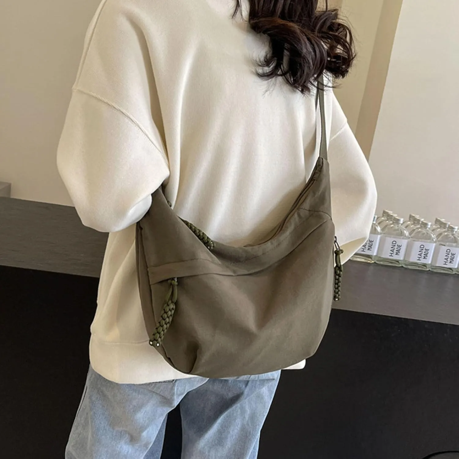 Women's Fashion Plain Color Nylon Crossbody HoboBag, Multilp-pocket Sling CrescentBag, Large Crossbody Bags for