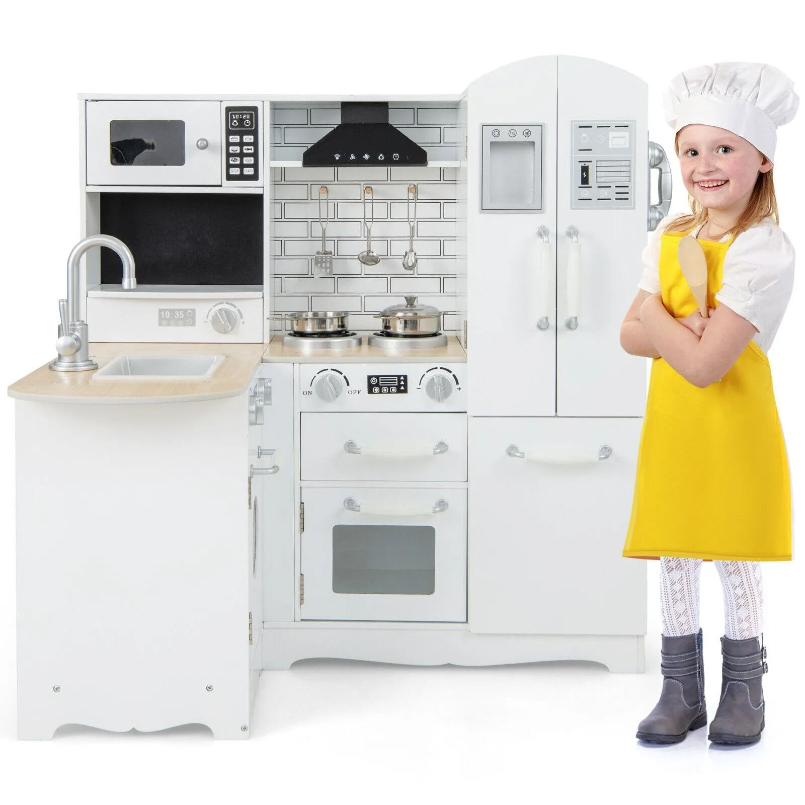 Wooden Kid's Corner Kitchen Playset with Stove for Toddlers - Natural & White