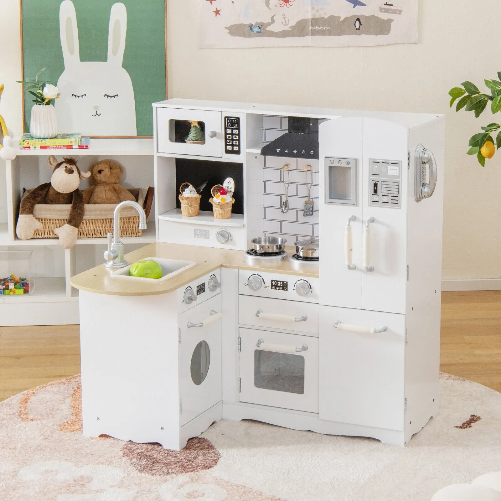 Wooden Kid's Corner Kitchen Playset with Stove for Toddlers - Natural & White