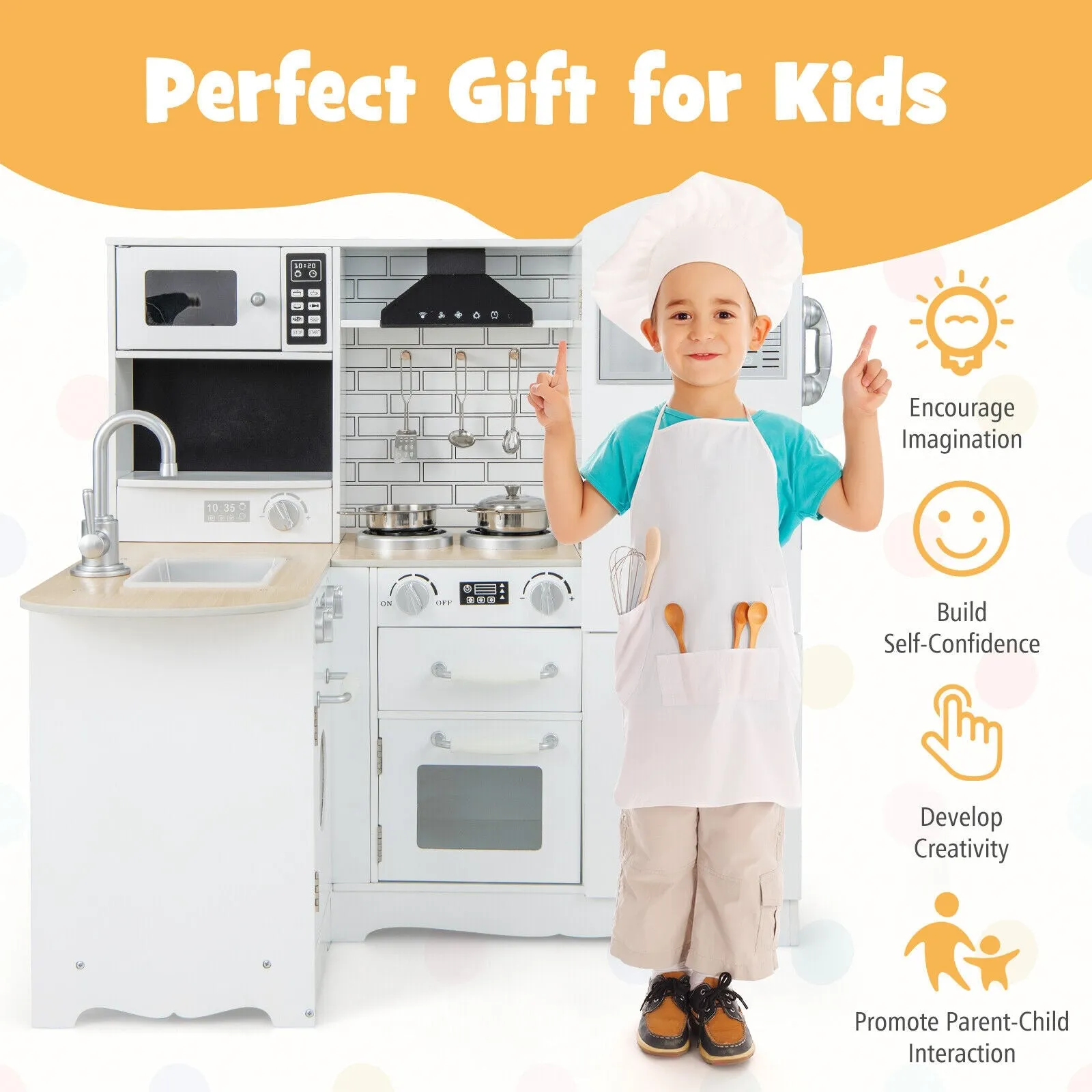 Wooden Kid's Corner Kitchen Playset with Stove for Toddlers - Natural & White