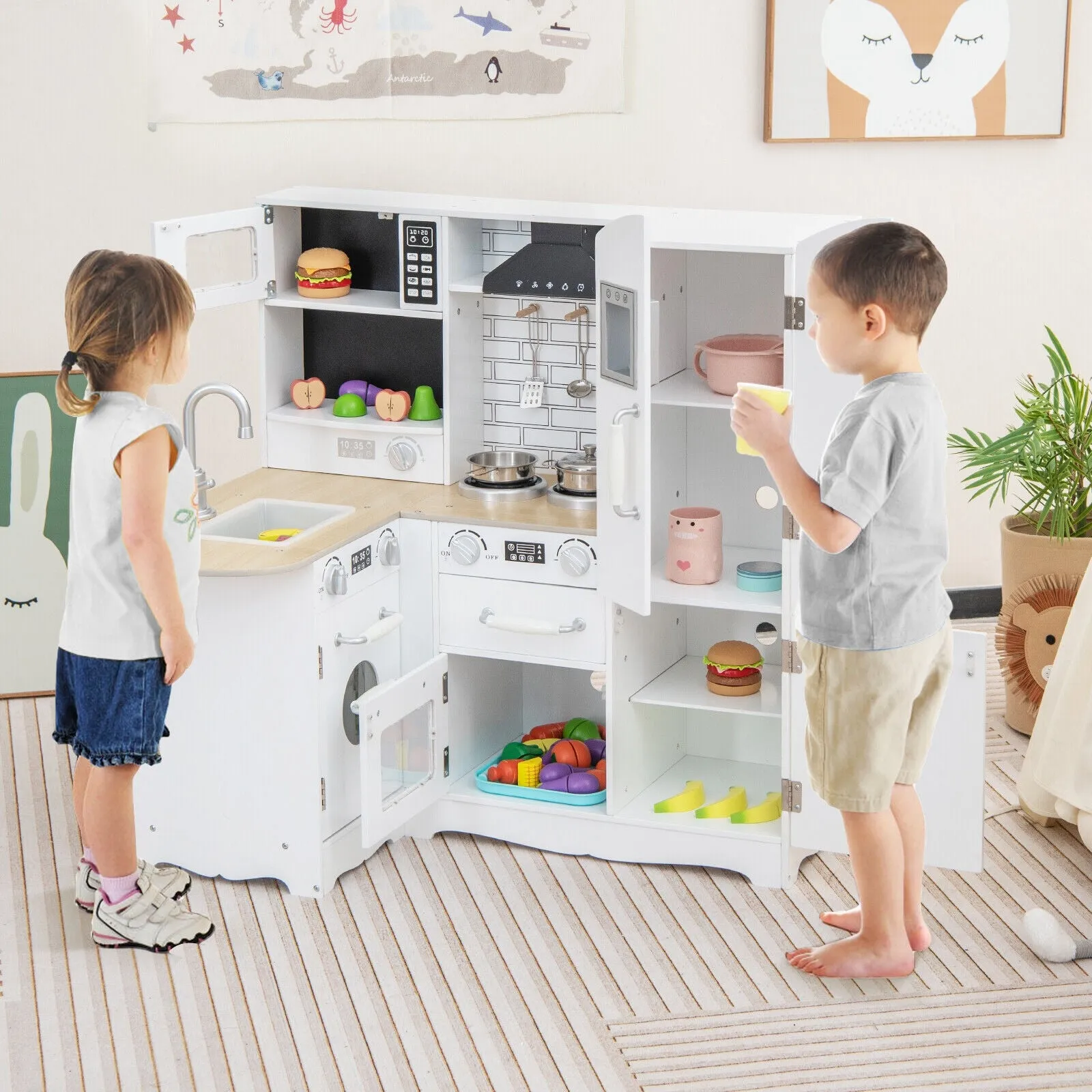 Wooden Kid's Corner Kitchen Playset with Stove for Toddlers - Natural & White