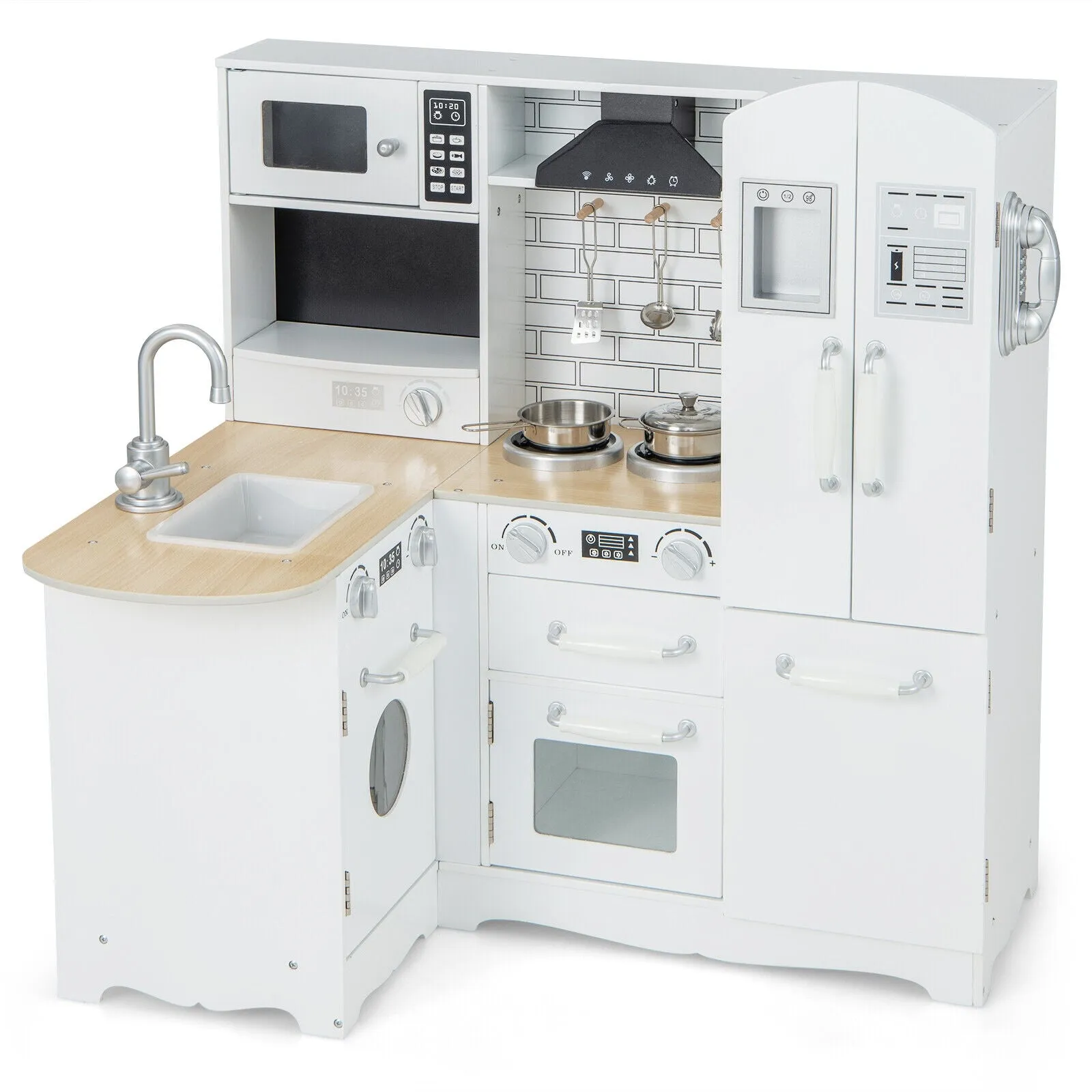 Wooden Kid's Corner Kitchen Playset with Stove for Toddlers - Natural & White
