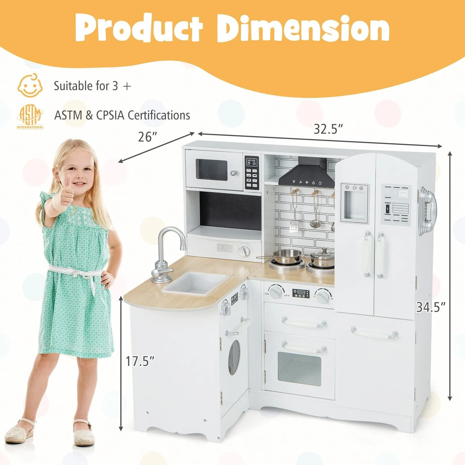 Wooden Kid's Corner Kitchen Playset with Stove for Toddlers - Natural & White