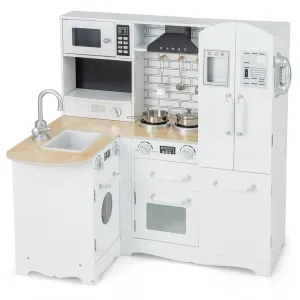 Wooden Kid's Corner Kitchen Playset with Stove for Toddlers - Natural & White