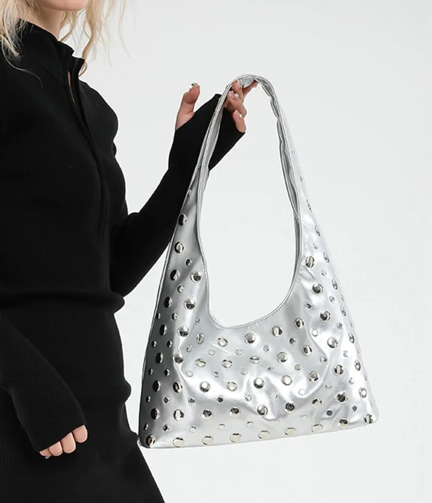 Y2k 90s Studded Hobo Bags Women Trendy Punk PU Leather Underarm Crescent Crossbody Purse Satchels Shoulder Tote Handbag