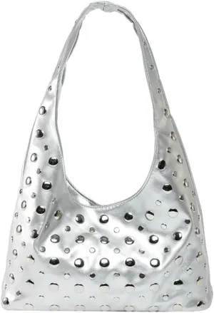 Y2k 90s Studded Hobo Bags Women Trendy Punk PU Leather Underarm Crescent Crossbody Purse Satchels Shoulder Tote Handbag
