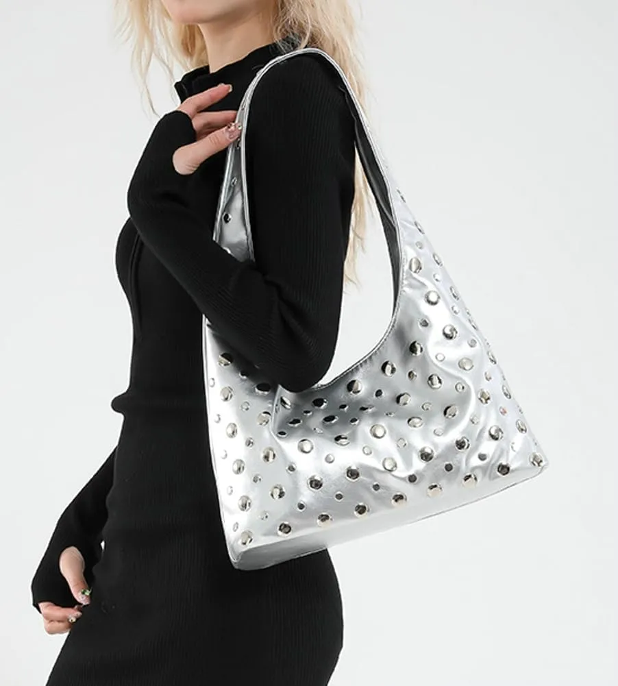 Y2k 90s Studded Hobo Bags Women Trendy Punk PU Leather Underarm Crescent Crossbody Purse Satchels Shoulder Tote Handbag