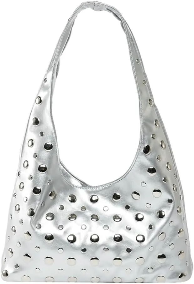 Y2k 90s Studded Hobo Bags Women Trendy Punk PU Leather Underarm Crescent Crossbody Purse Satchels Shoulder Tote Handbag