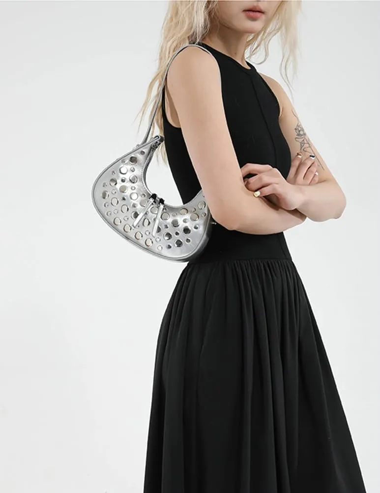 Y2k Studded Crescent Crossbody Purse Women 90s Hobo Bags Trendy Shoulder Satchels PU Leather Punk Underarm Tote Handbag