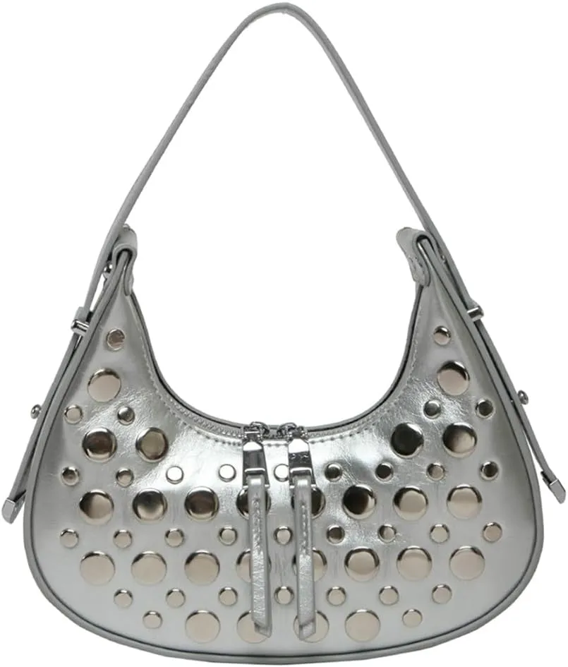 Y2k Studded Crescent Crossbody Purse Women 90s Hobo Bags Trendy Shoulder Satchels PU Leather Punk Underarm Tote Handbag