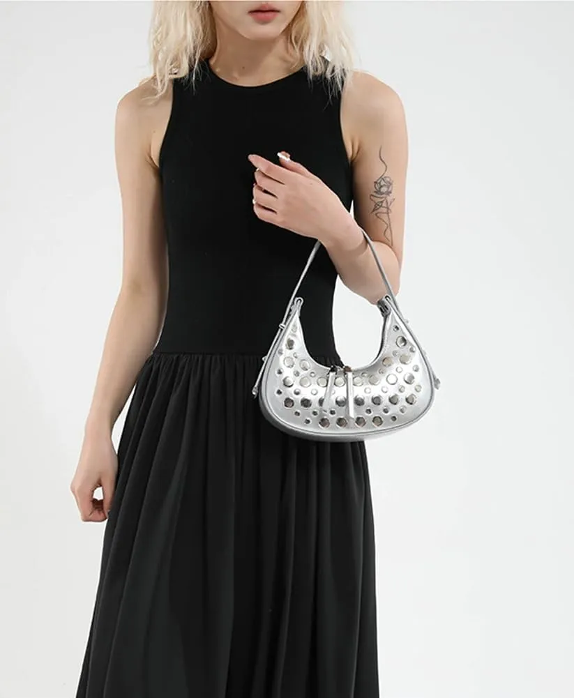 Y2k Studded Crescent Crossbody Purse Women 90s Hobo Bags Trendy Shoulder Satchels PU Leather Punk Underarm Tote Handbag